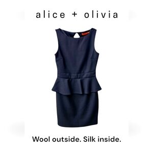 Alice + Olivia Black Wool Office Siren Sleeveless Peplum Dress Lrg Back Keyhole